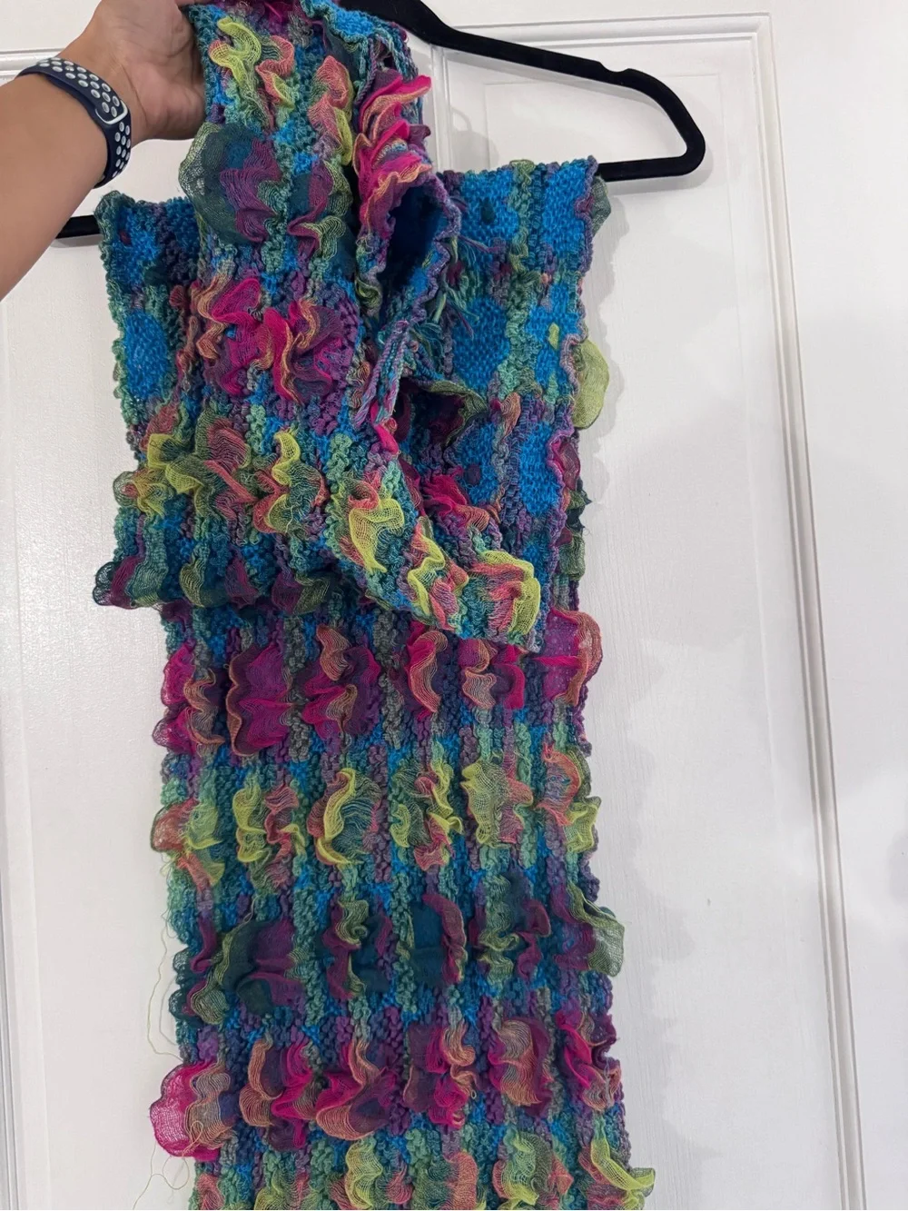 Blue Plaid Knit Multicolor Woman's Scarf with Fringe